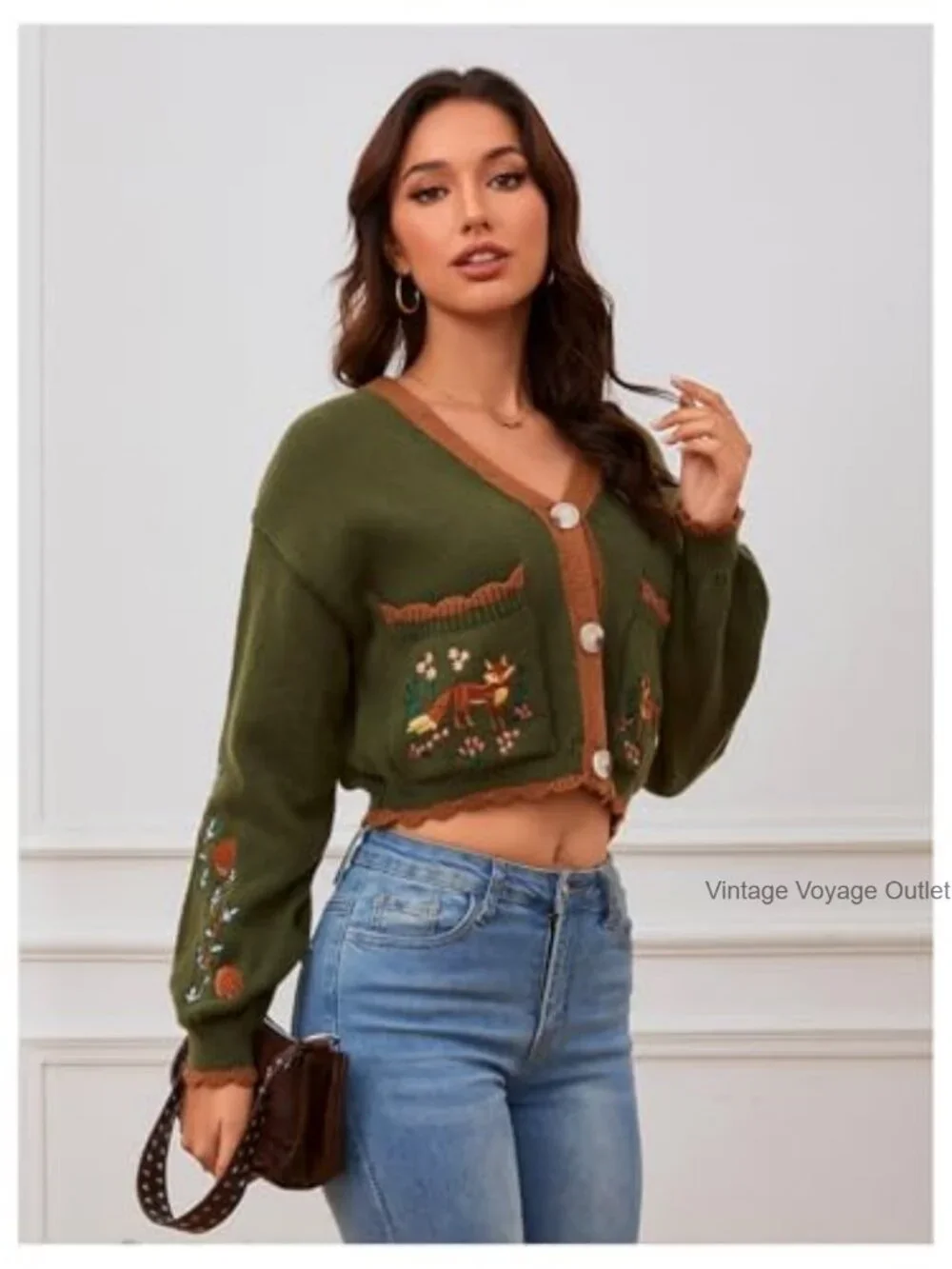 Embroidered Floral Cropped Cardigan V-Neck Boho Open Front Cardigan - Picture 4 of 7